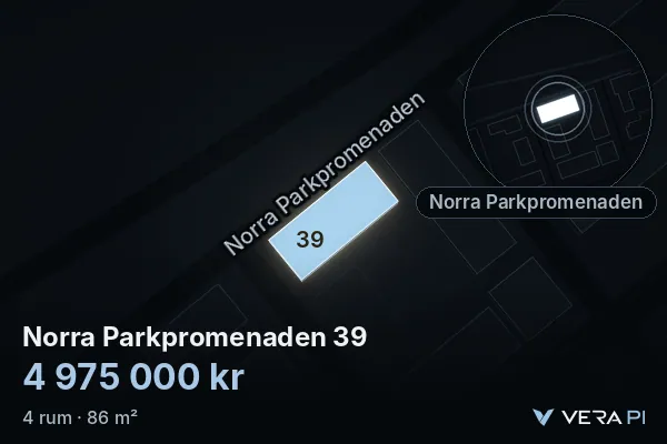 VERA PI:s bild av Norra Parkpromenaden 39: huset i 3D, upplyst i blått, och kartan runt omkring