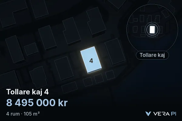 VERA PI:s bild av Tollare kaj 4: huset i 3D, upplyst i blått, och kartan runt omkring