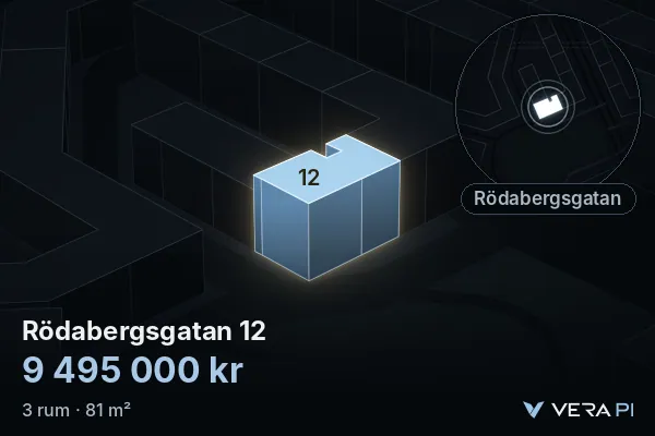 VERA PI:s bild av Rödabergsgatan 12: huset i 3D, upplyst i blått, och kartan runt omkring