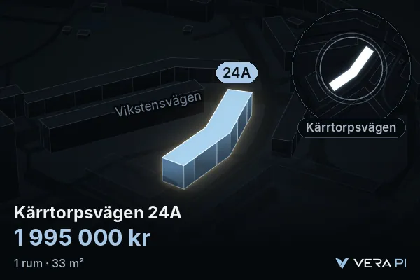 VERA PI's image of Kärrtorpsvägen 24A: the building in 3D, lit in blue, and the map around it