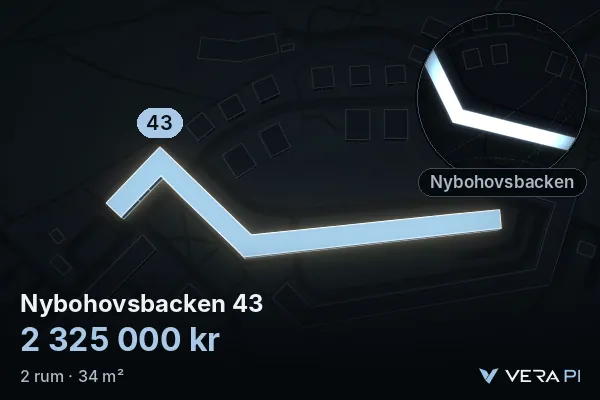 VERA PI:s bild av Nybohovsbacken 43: huset i 3D, upplyst i blått, och kartan runt omkring