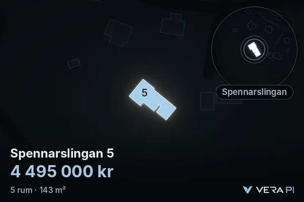VERA PI's image of Spennarslingan 5: the building in 3D, lit in blue, and the map around it