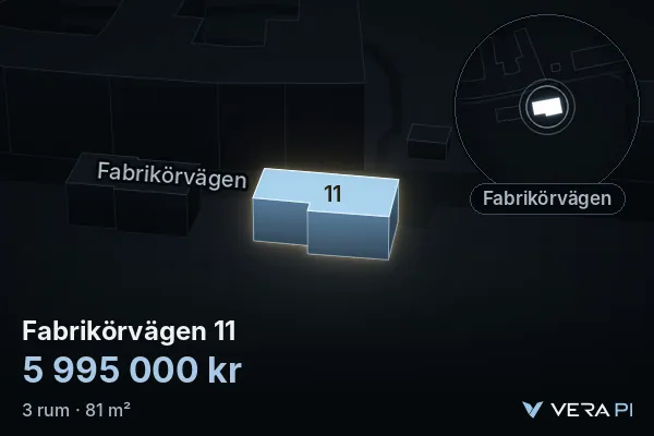 VERA PI's image of Fabrikörvägen 11: the building in 3D, lit in blue, and the map around it