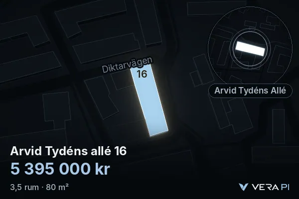 VERA PI:s bild av Arvid Tydéns allé 16: huset i 3D, upplyst i blått, och kartan runt omkring