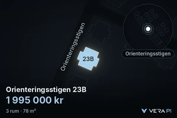 VERA PI's image of Orienteringsstigen 23B: the building in 3D, lit in blue, and the map around it