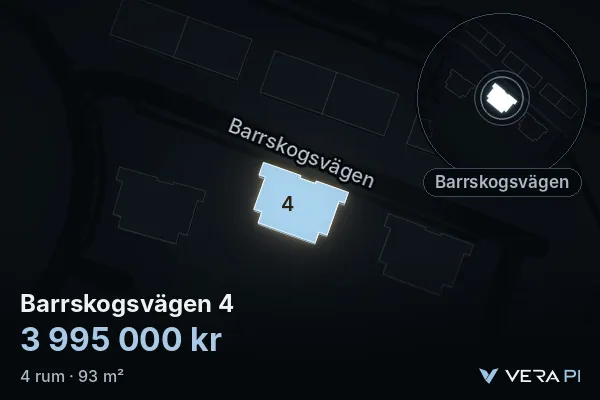 VERA PI's image of Barrskogsvägen 4: the building in 3D, lit in blue, and the map around it