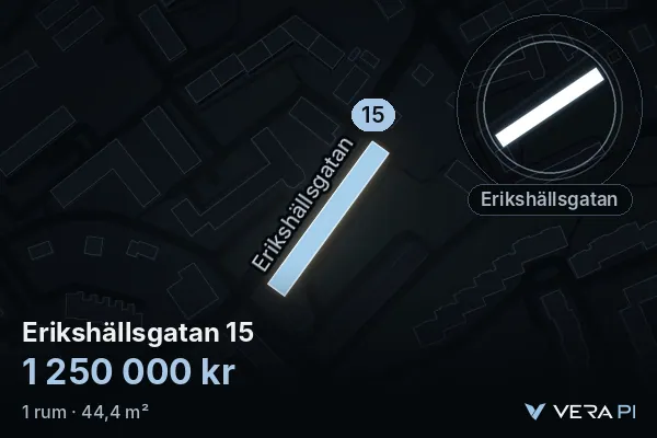 VERA PI's image of Erikshällsgatan 15: the building in 3D, lit in blue, and the map around it