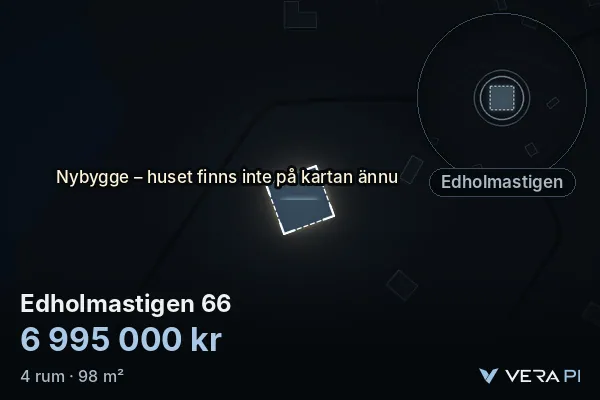 VERA PI's image of Edholmastigen 66: the building in 3D, lit in blue, and the map around it