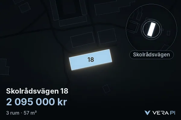 VERA PI:s bild av Skolrådsvägen 18: huset i 3D, upplyst i blått, och kartan runt omkring