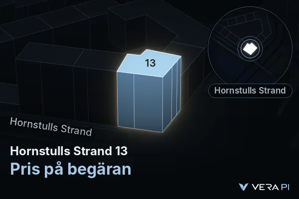 VERA PI:s bild av Hornstulls Strand 13: huset i 3D, upplyst i blått, och kartan runt omkring