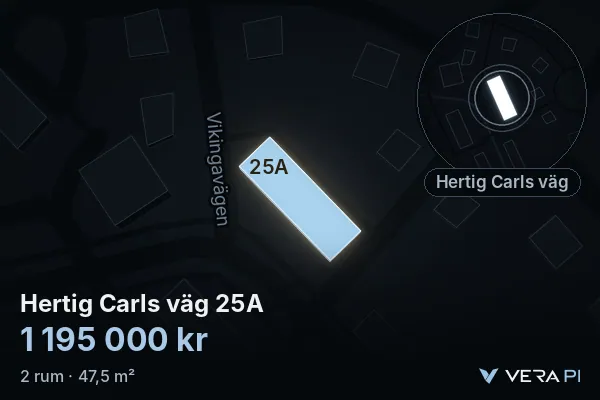 VERA PI's image of Hertig Carls väg 25A: the building in 3D, lit in blue, and the map around it