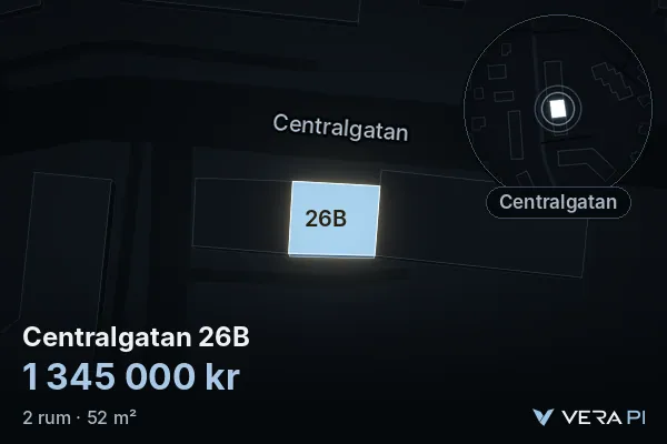 VERA PI:s bild av Centralgatan 26B: huset i 3D, upplyst i blått, och kartan runt omkring