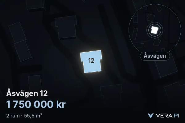 VERA PI's image of Åsvägen 12: the building in 3D, lit in blue, and the map around it