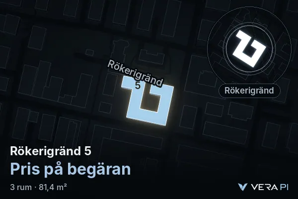 VERA PI:s bild av Rökerigränd 5: huset i 3D, upplyst i blått, och kartan runt omkring