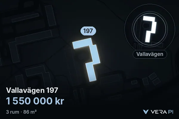 VERA PI:s bild av Vallavägen 197: huset i 3D, upplyst i blått, och kartan runt omkring