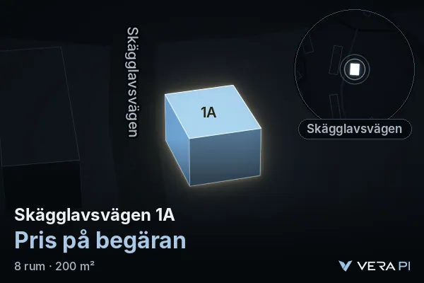 VERA PI's image of Skägglavsvägen 1A: the building in 3D, lit in blue, and the map around it