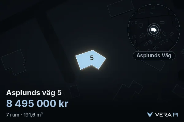 VERA PI's image of Asplunds väg 5: the building in 3D, lit in blue, and the map around it