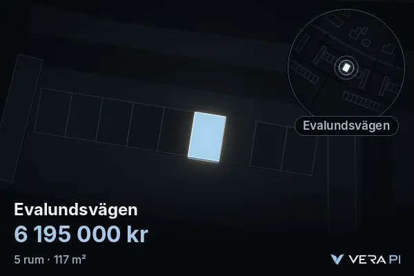 VERA PI:s bild av Evalundsvägen: huset i 3D, upplyst i blått, och kartan runt omkring
