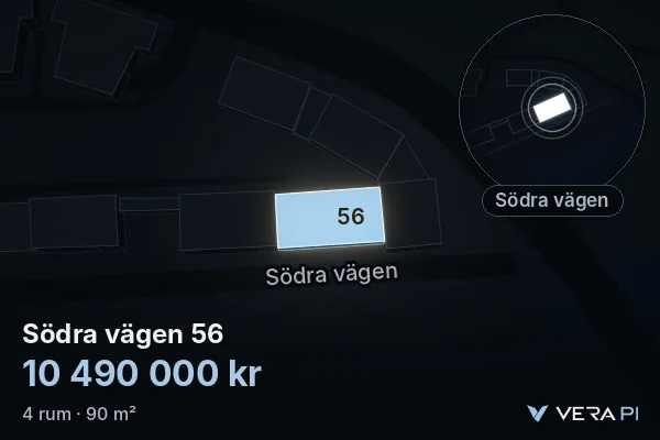 VERA PI:s bild av Södra vägen 56: huset i 3D, upplyst i blått, och kartan runt omkring