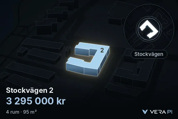 VERA PI:s bild av Stockvägen 2: huset i 3D, upplyst i blått, och kartan runt omkring