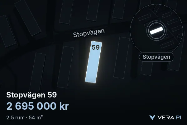 VERA PI:s bild av Stopvägen 59: huset i 3D, upplyst i blått, och kartan runt omkring