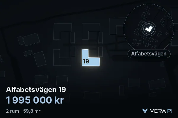 VERA PI:s bild av Alfabetsvägen 19: huset i 3D, upplyst i blått, och kartan runt omkring