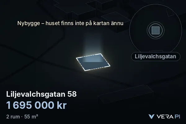 VERA PI:s bild av Liljevalchsgatan 58: huset i 3D, upplyst i blått, och kartan runt omkring