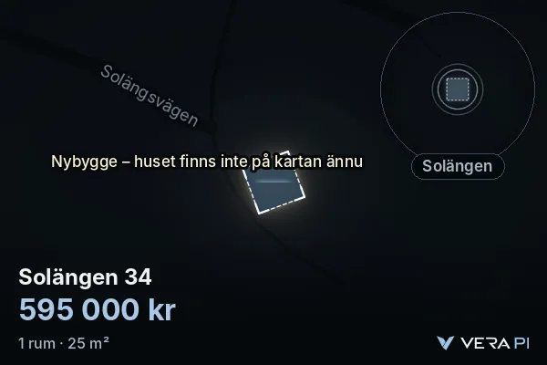VERA PI's image of Solängen 34: the building in 3D, lit in blue, and the map around it