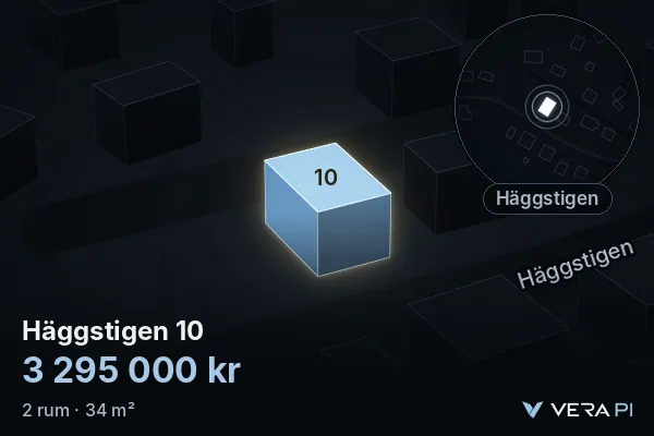 VERA PI:s bild av Häggstigen 10: huset i 3D, upplyst i blått, och kartan runt omkring