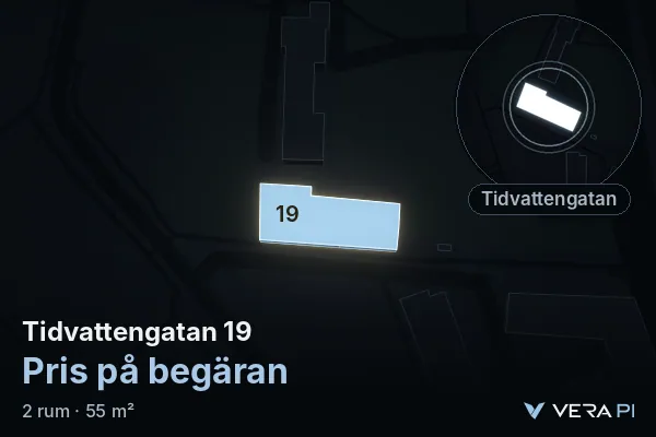 VERA PI:s bild av Tidvattengatan 19: huset i 3D, upplyst i blått, och kartan runt omkring