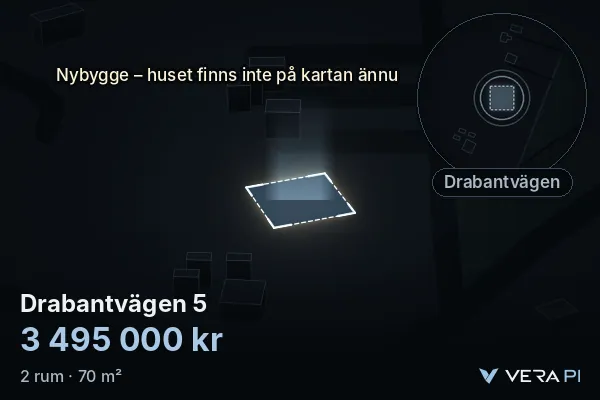 VERA PI:s bild av Drabantvägen 5: huset i 3D, upplyst i blått, och kartan runt omkring