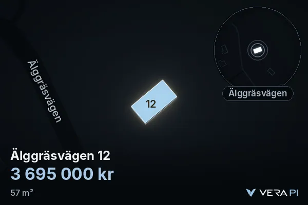 VERA PI's image of Älggräsvägen 12: the building in 3D, lit in blue, and the map around it