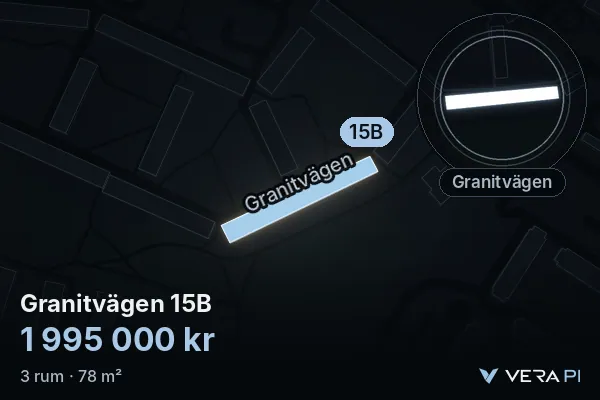 VERA PI's image of Granitvägen 15B: the building in 3D, lit in blue, and the map around it