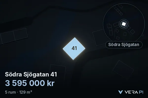 VERA PI:s bild av Södra Sjögatan 41: huset i 3D, upplyst i blått, och kartan runt omkring