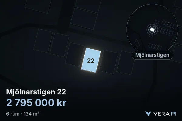 VERA PI's image of Mjölnarstigen 22: the building in 3D, lit in blue, and the map around it