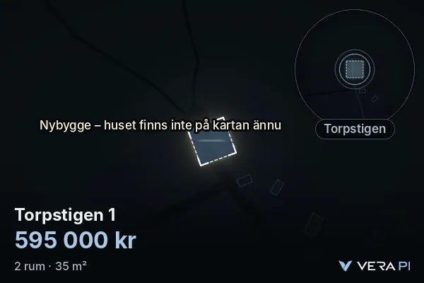 VERA PI's image of Torpstigen 1: the building in 3D, lit in blue, and the map around it