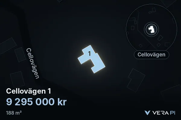 VERA PI:s bild av Cellovägen 1: huset i 3D, upplyst i blått, och kartan runt omkring