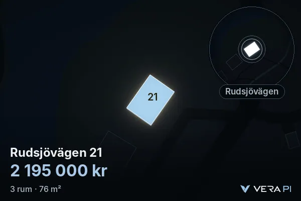 VERA PI's image of Rudsjövägen 21: the building in 3D, lit in blue, and the map around it
