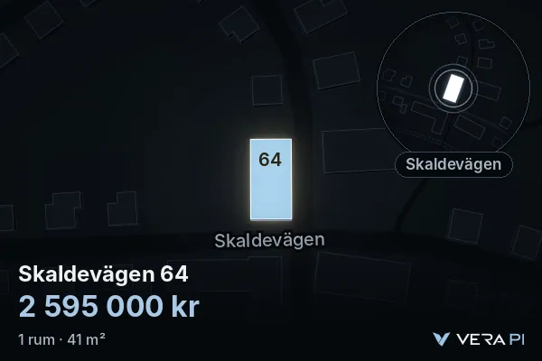 VERA PI:s bild av Skaldevägen 64: huset i 3D, upplyst i blått, och kartan runt omkring