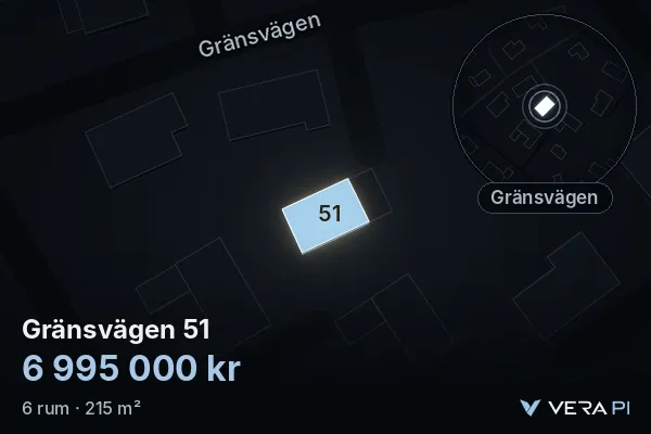 VERA PI's image of Gränsvägen 51: the building in 3D, lit in blue, and the map around it