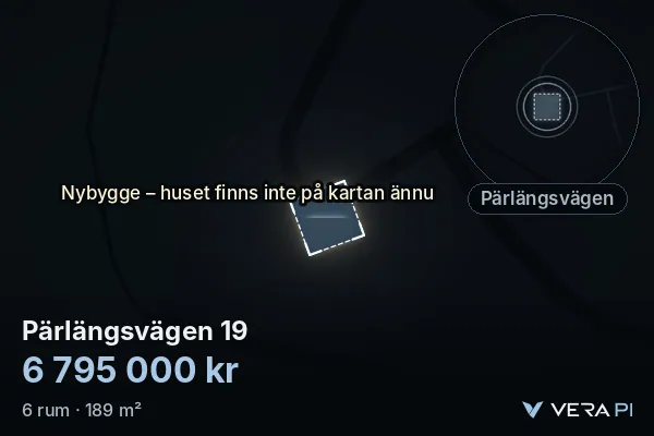 VERA PI's image of Pärlängsvägen 19: the building in 3D, lit in blue, and the map around it