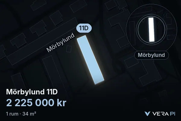 VERA PI's image of Mörbylund 11D: the building in 3D, lit in blue, and the map around it