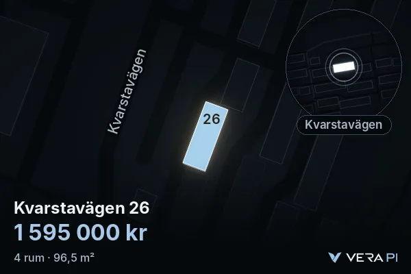 VERA PI's image of Kvarstavägen 26: the building in 3D, lit in blue, and the map around it