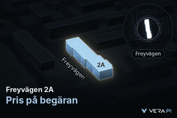 VERA PI's image of Freyvägen 2A: the building in 3D, lit in blue, and the map around it