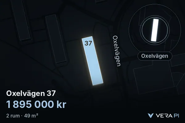 VERA PI:s bild av Oxelvägen 37: huset i 3D, upplyst i blått, och kartan runt omkring