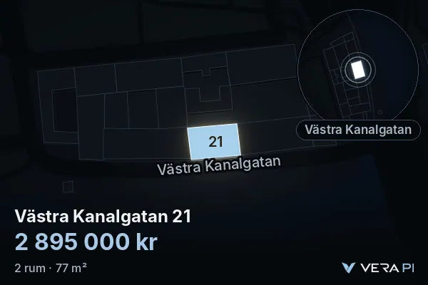 VERA PI's image of Västra Kanalgatan 21: the building in 3D, lit in blue, and the map around it