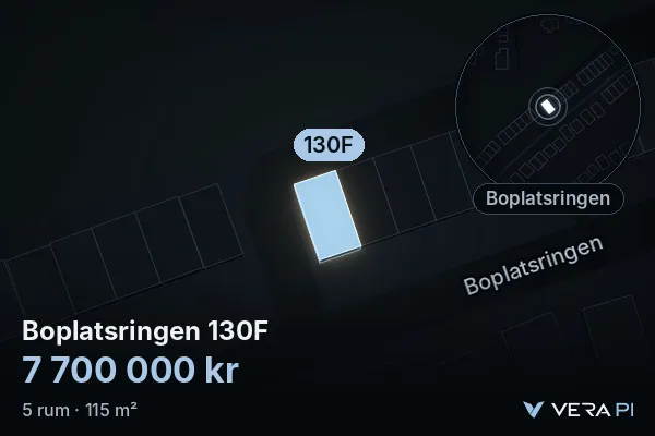 VERA PI:s bild av Boplatsringen 130F: huset i 3D, upplyst i blått, och kartan runt omkring