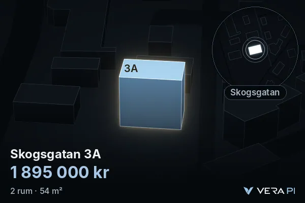 VERA PI:s bild av Skogsgatan 3A: huset i 3D, upplyst i blått, och kartan runt omkring