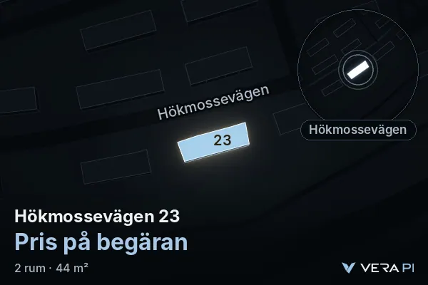 VERA PI's image of Hökmossevägen 23: the building in 3D, lit in blue, and the map around it