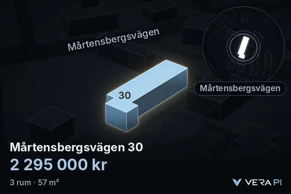 VERA PI:s bild av Mårtensbergsvägen 30: huset i 3D, upplyst i blått, och kartan runt omkring